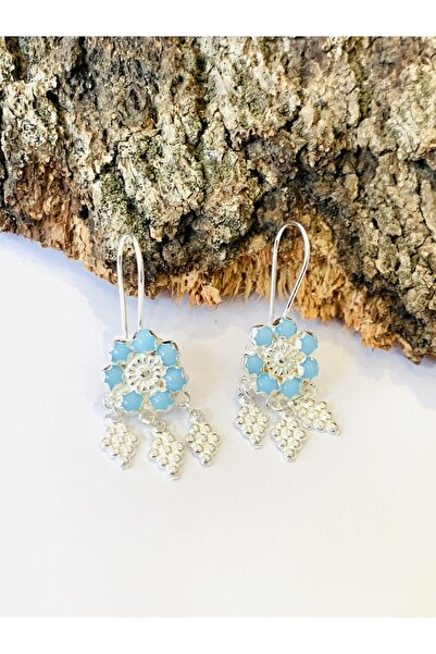 salkersilver Mardin Telkari Firüze Taşlı Beyaz Gümüş Set Takımı