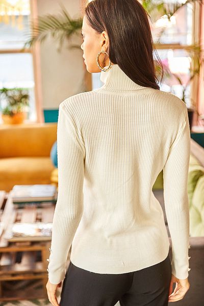 Olalook Women's Ecru Turtleneck Cuff Button Knit Sweater KZK-19000489