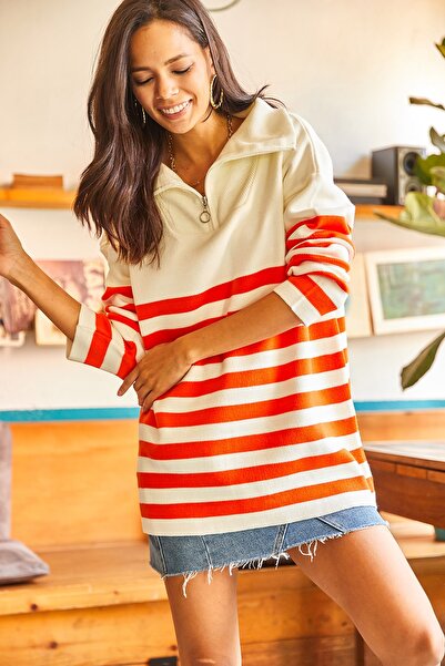 Olalook Pulover de damă, portocaliu, cu fermoar, în dungi, cu guler detaliat, tricotat supradimensionat KZK-19000468