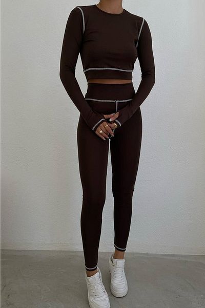 lovebox Women's Karyoka Stitched Brown Crop Tights Set 1264