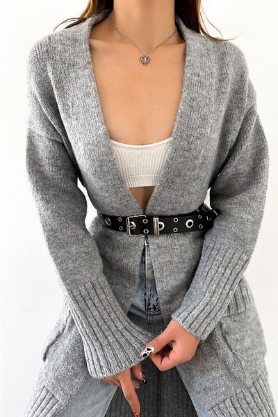 FEMELLE Women's Gray Color Long Double Pocket Standard Size Knitwear Cardigan