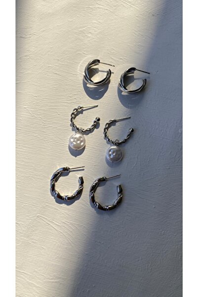 Owentis مجموعة أقراط Tyberissos فضية مكونة من 3 أزواج من اللؤلؤ العتيق