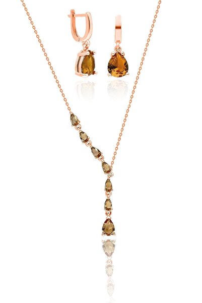 Aykat Zultanit Taşlı Kolye Ve Küpe Rose Renk Değiştiren Gümüş Set Set-403