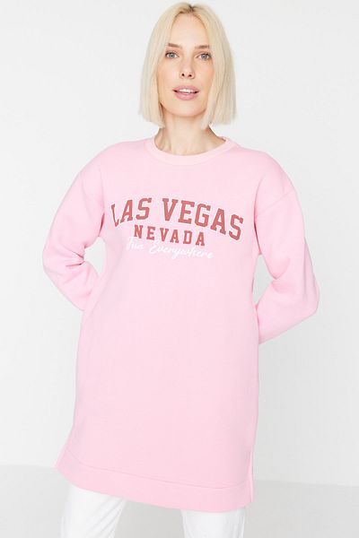 Trendyol Modest Pink Slogan Printed Soft Lined Thick Knitted Sweatshirt TCTAW23TW00213