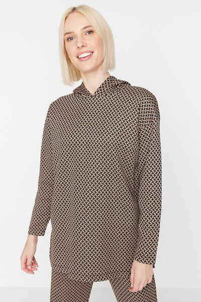Trendyol Modest Brown Hooded Knitwear Look Sweatshirt-Pants Knitted Set TCTAW23US00222