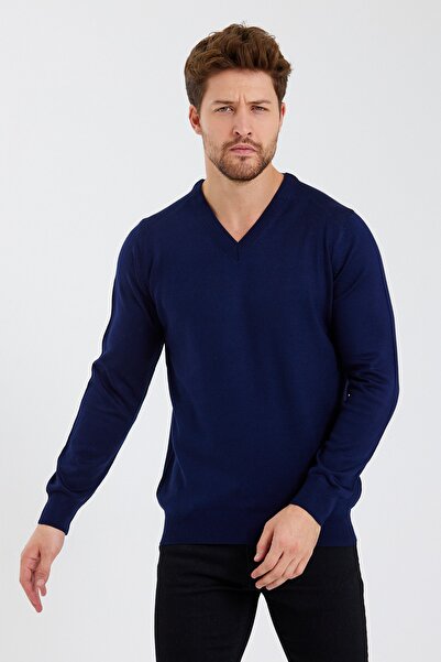 Minharir Navy Blue V-Neck Knitwear Sweater