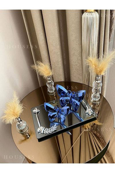 Housess Smoked Tray with Leaf Detail, 3-Piece Silver Feather Holder and 2-Piece Blue Butterfly Figurine Ornament