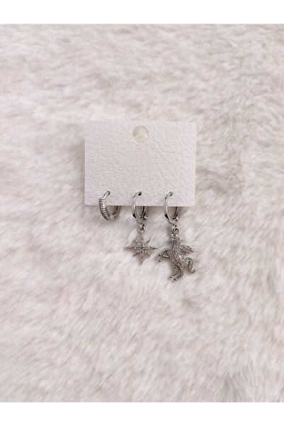 Evorya Kadın Gümüş Renk Çelik Unicorn Kutup Yıldızlı Zirkon Taşlı Sallantılı ...