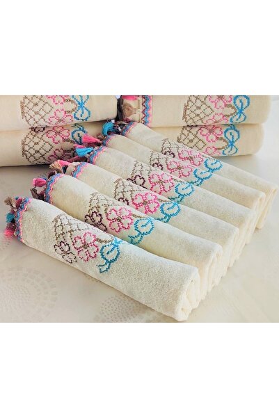 Z&N STYLE Çeyizlik Kanaviçe Çiçek Desenli Püsküllü Bukle Lüks Mutfak Havlu Se...