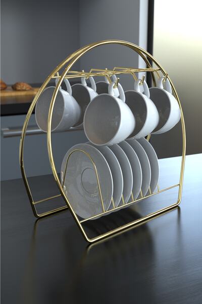 KARTEYA Servis Sunum Seti Havlu Peçetelik Nihale Fincan Askılığı Gold Altın Paslanmaz Mutfak Çeyiz Seti 4’lü