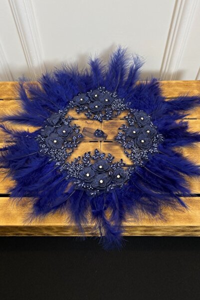 ZEYMERADE منديل زفاف فاخر باللون الأزرق الداكن، مزين باللؤلؤ والأحجار والترتر...