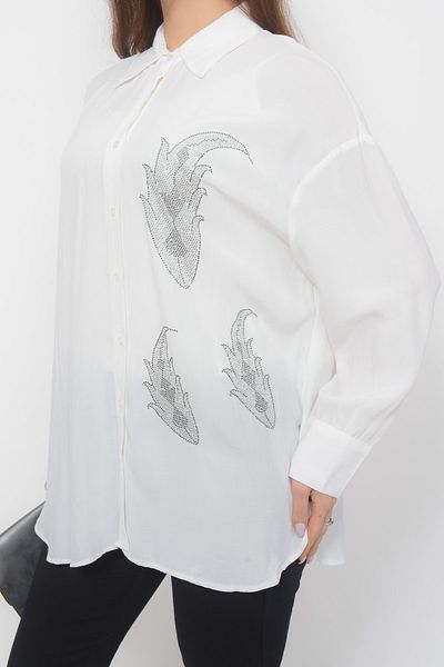 TUSSE Elegant Stone Embroidered Feather Pattern Classic Large Size Shirt