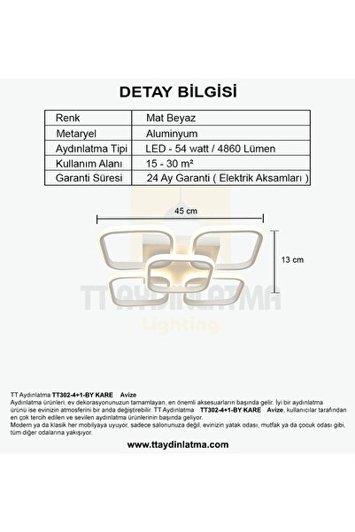 TT AYDINLATMA Tt302-4+1-by Kare Mat Beyaz 5 Li ( Gün Işığı ) Led Avize