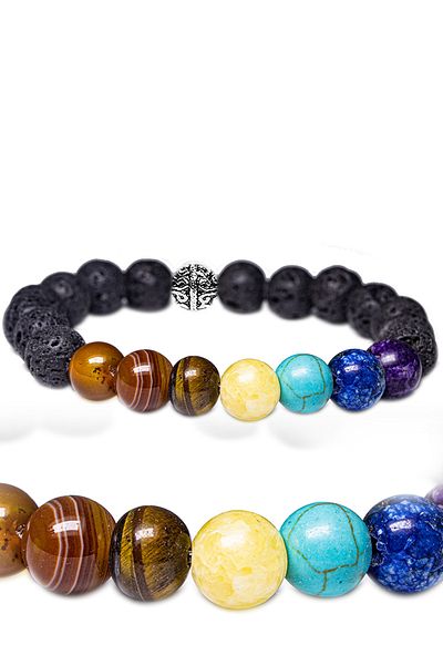Tesbih Atölyesi Certified 7 Chakra Natural Stone Bracelet (Agate Tiger Eye Calcite Turquoise Lapis Lazuli Amethyst Lava)
