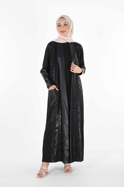 Plistre 1159_μεγάλο μέγεθος Hijab Ferace με δερμάτινη γαρνιτούρα