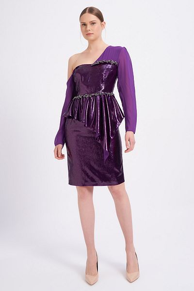 Balizza Blz-single Shoulder Low-cut Evening Dress with Stone Accessory Detail