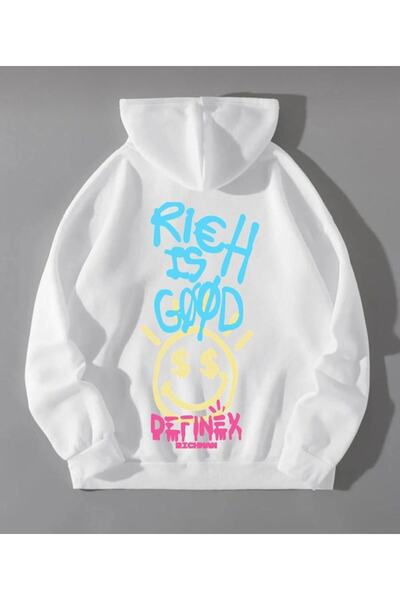 LOUİSA Λευκό φούτερ με κουκούλα Oversize Rich Is Good Back Printed