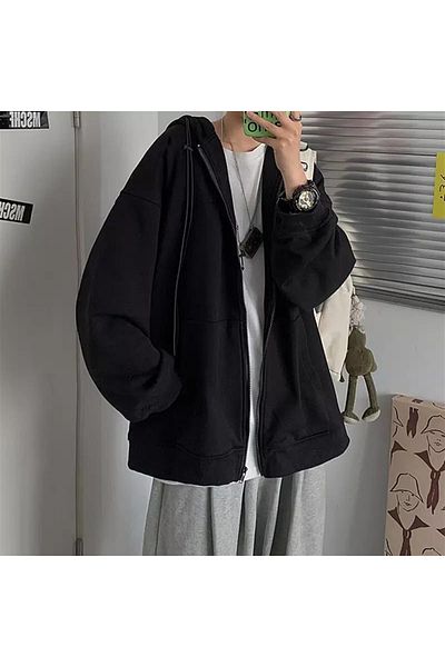 Touz Μαύρη Oversize Unisex Ζακέτα με κουκούλα - Φερμουάρ, Street Style