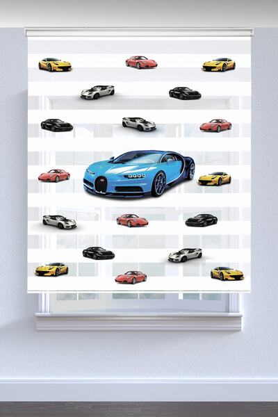 Class Home Mavi Yarış Arabalı Baskılı Çocuk Odası Zebra Perde