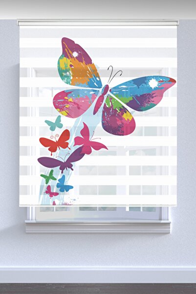 Kanteks Exclusive Renkli Kelebek Baskılı Çocuk Odası Zebra Perde