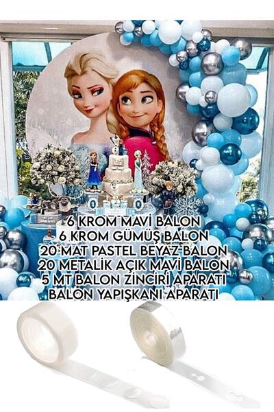 Parti dolabı Elsa Frozen Konsept Balon Zincir Ve Yapışkan Set (6 Krom Mavi 6 Krom Gümüş,20 Beyaz ,20 Mavi Balon)