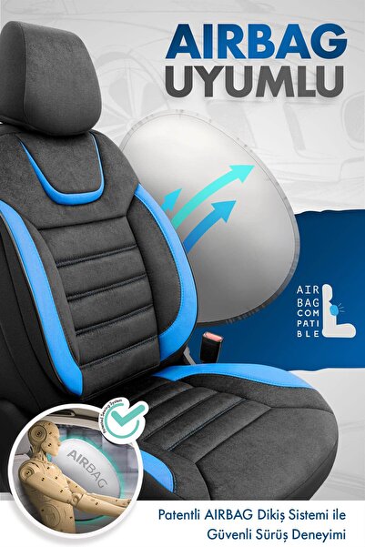 Otom Oto Koltuk Kılıfı Tam Set Gerçek Süet Ortopedik Siyah Mavi - Iconic