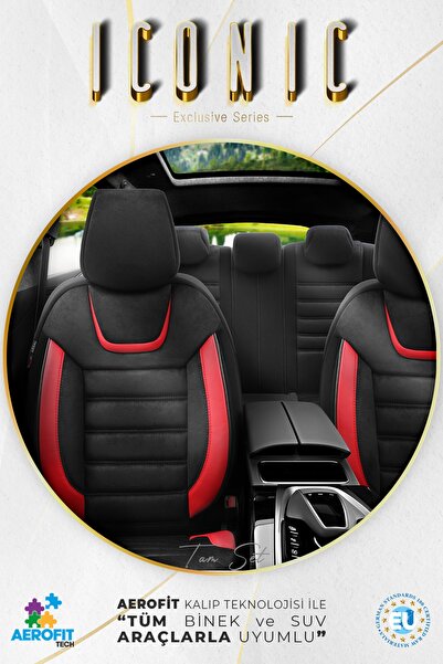 Otom Oto Koltuk Kılıfı Tam Set Gerçek Süet Ortopedik Siyah Kırmızı - Iconic