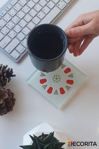 Decorita Glass Coaster| Acem Coffee Shop - Round Pattern - Red| Set of 4| 10cm X 10cm