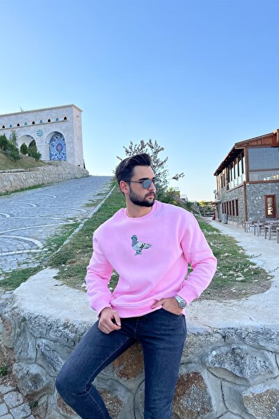 WELLHS Unisex Toz Pembe Güvercin Nakışlı Oversize Sweatshirt