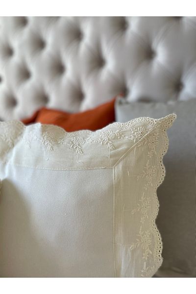 Decamor home Ecru Color Throw Pillow Case with Scallop Detail Bohemian Throw Pillow Case