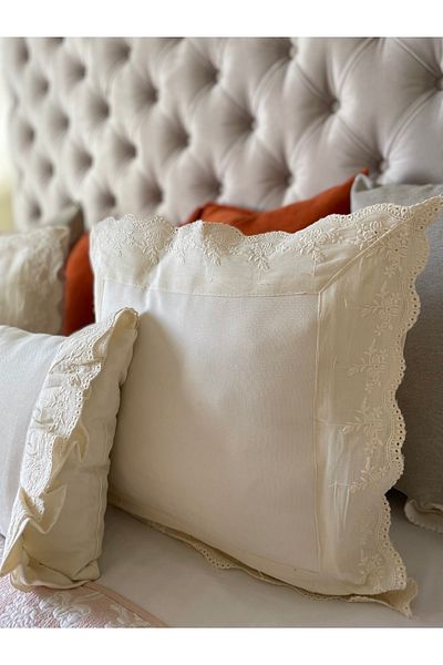Decamor home Ecru Color Throw Pillow Case with Scallop Detail Bohemian Throw Pillow Case