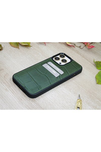 delux case Apple iPhone 13 Pro Max Compatible Real Leather Crocco Pattern Handmade Phone Case with Credit Card Compartment