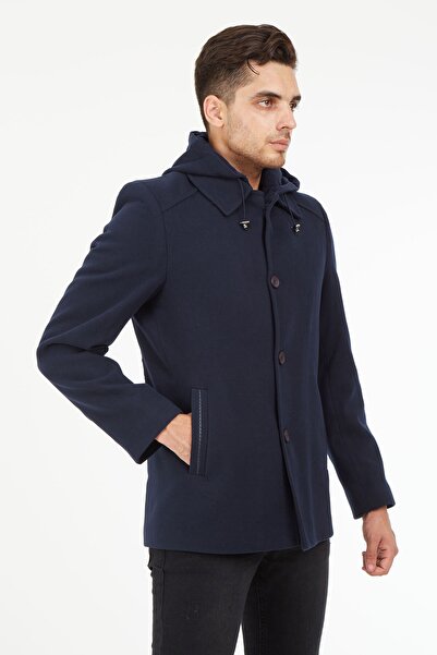 SPOSO Erkek Lacivert Çıkma Kapşonlu Kaşe Kısa Kaban