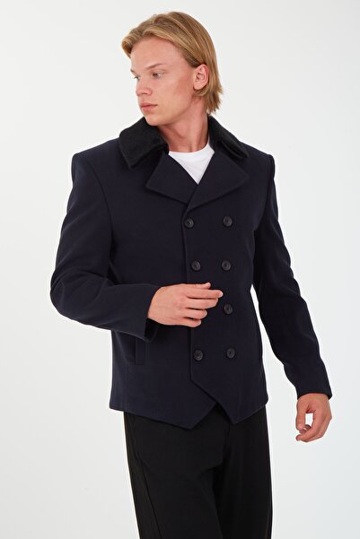 SPOSO Erkek Lacivert Yaka Kürkü Çıkma Kruvaze Kaşe Kısa Kaban