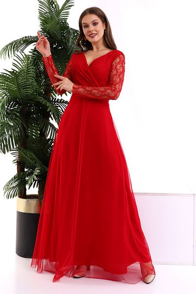 Fasmia Red Tulle Boat Neck Kiloş Dress F115