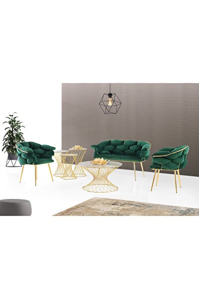 Viento Mobilya Yeşil Babyface Kumaş Gold Iskelet Balon Çay Seti 2+1+1 (orta S...