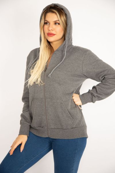 Şans Women's Large Size Gray Hooded Sweatshirt with Raised