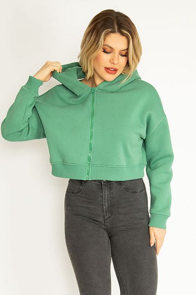 Şans Women's Large Size Green 3 Thread Fleece Front Zipper Hooded Sweatshirt 65n35050