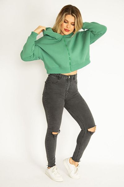 Şans Women's Large Size Green 3 Thread Fleece Front Zipper Hooded Sweatshirt 65n35050