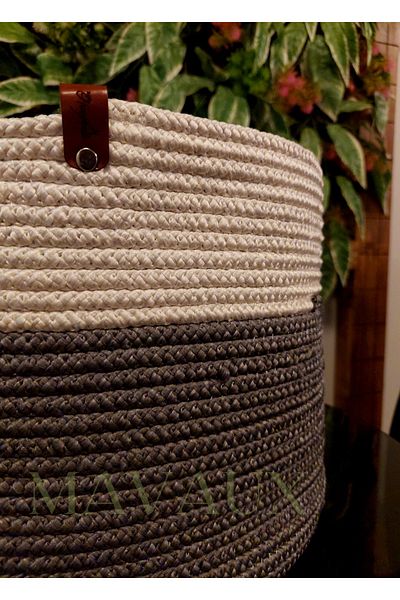 MaVaux 25cm x 35cm Διακοσμητικό ψάθινο καλάθι από γιούτα - Λευκό και γκρι πέρασμα γλάστρα