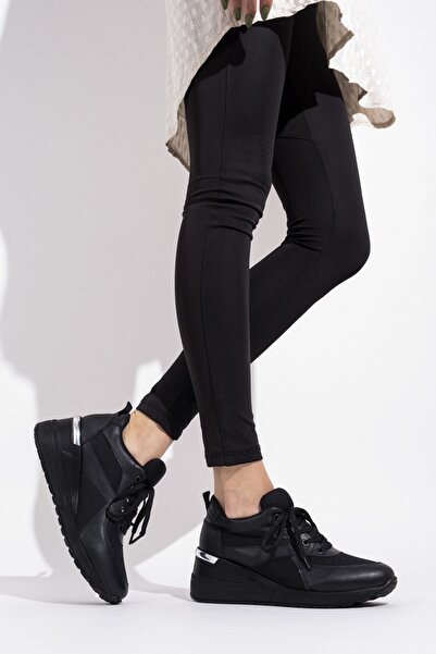 Modabuymus Black Mesh Wedge Heeled Sneaker Lace-Up Sports Shoes - Pily