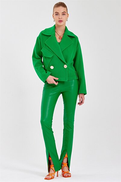 UTOPIAN Paçası Yırtmaçlı Suni Deri Pntolon-koyu Yeşil