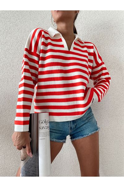 Jose Clothing Pulover tricot cu mânecă lungă în dungi cu gât polo de damă