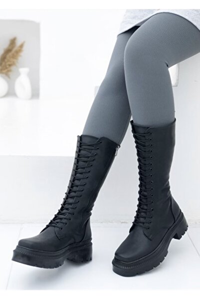 FELES Dizaltı Bağcıklı Postal Kadın Bot Siyah
