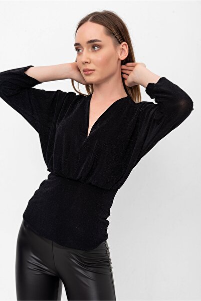 Laranor Ασημί μαύρη μπλούζα με πλισέ μανίκια με λαιμόκοψη σε σχήμα V