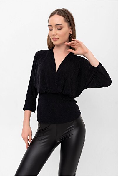 Laranor Ασημί μαύρη μπλούζα με πλισέ μανίκια με λαιμόκοψη σε σχήμα V