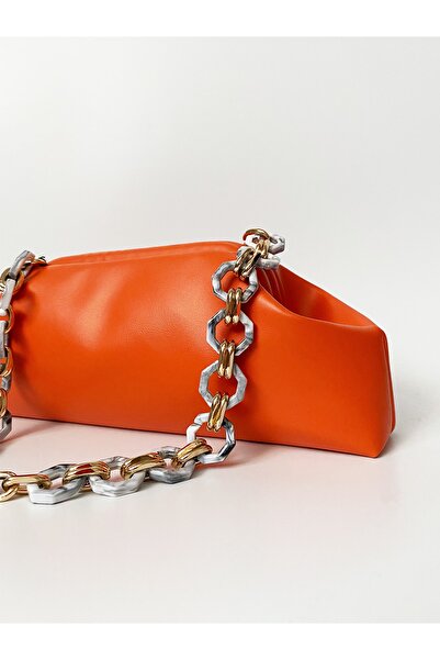 HEYBE'S Γυναικεία τσάντα ώμου με πορτοκαλί αλυσίδα μπαγκέτα
