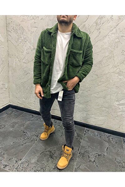 Man Erkek Yeşil Renk Düğme Detaylı Ve Rahat Giyim Cepli Pelüş Ceket