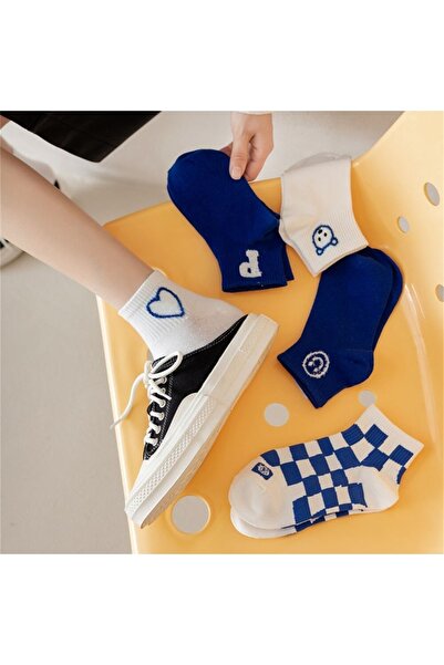 çorapmanya 5 Çift Panda Desenli Mavi Beyaz Unisex Kolej Tenis Çorap