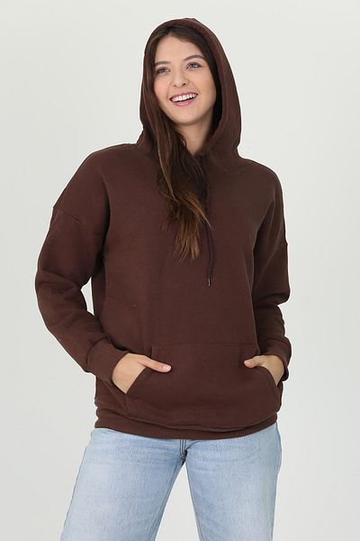Neşeli Butik Дамски кафяв суитшърт с качулка и джоб „кенгуру“ с три нишки FVR002